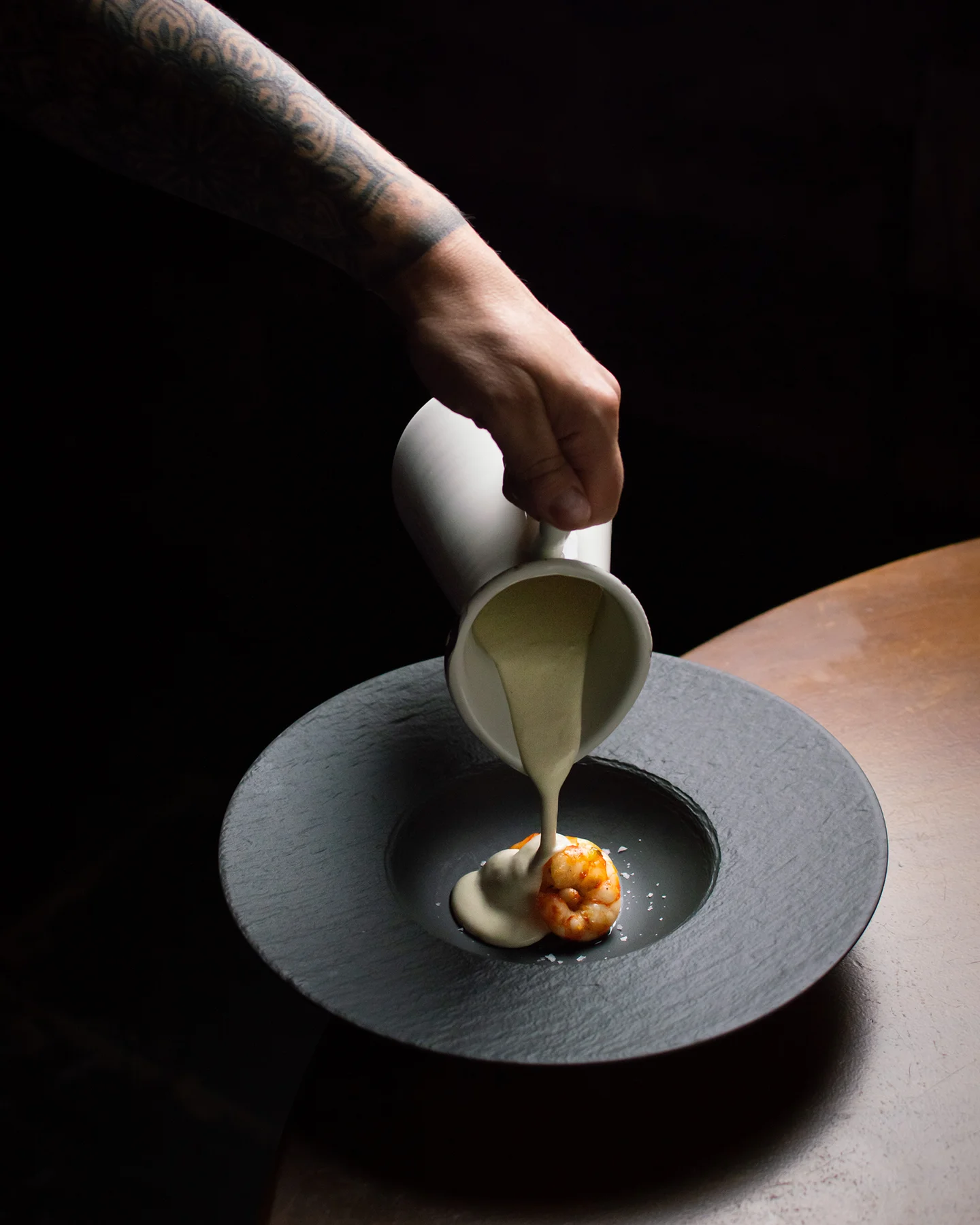 Vichyssoise de pera con langostinos